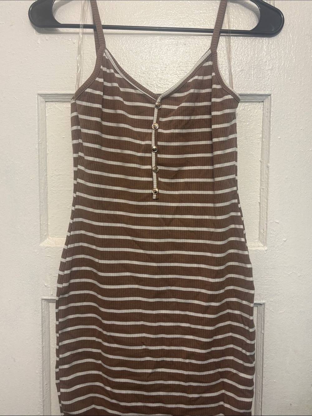 Brown and White Striped Spaghetti‑Strap Dress